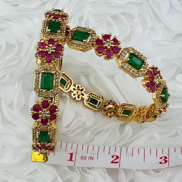 Women Bangles Wedding Fashion Green Burgundy Gold Plated Set 2 India 2.10 US XL - Picture 3 of 6